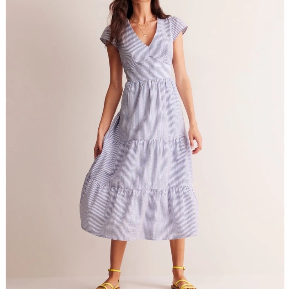 Boden May Light Blue & White Seersucker Tiered Midi Dress